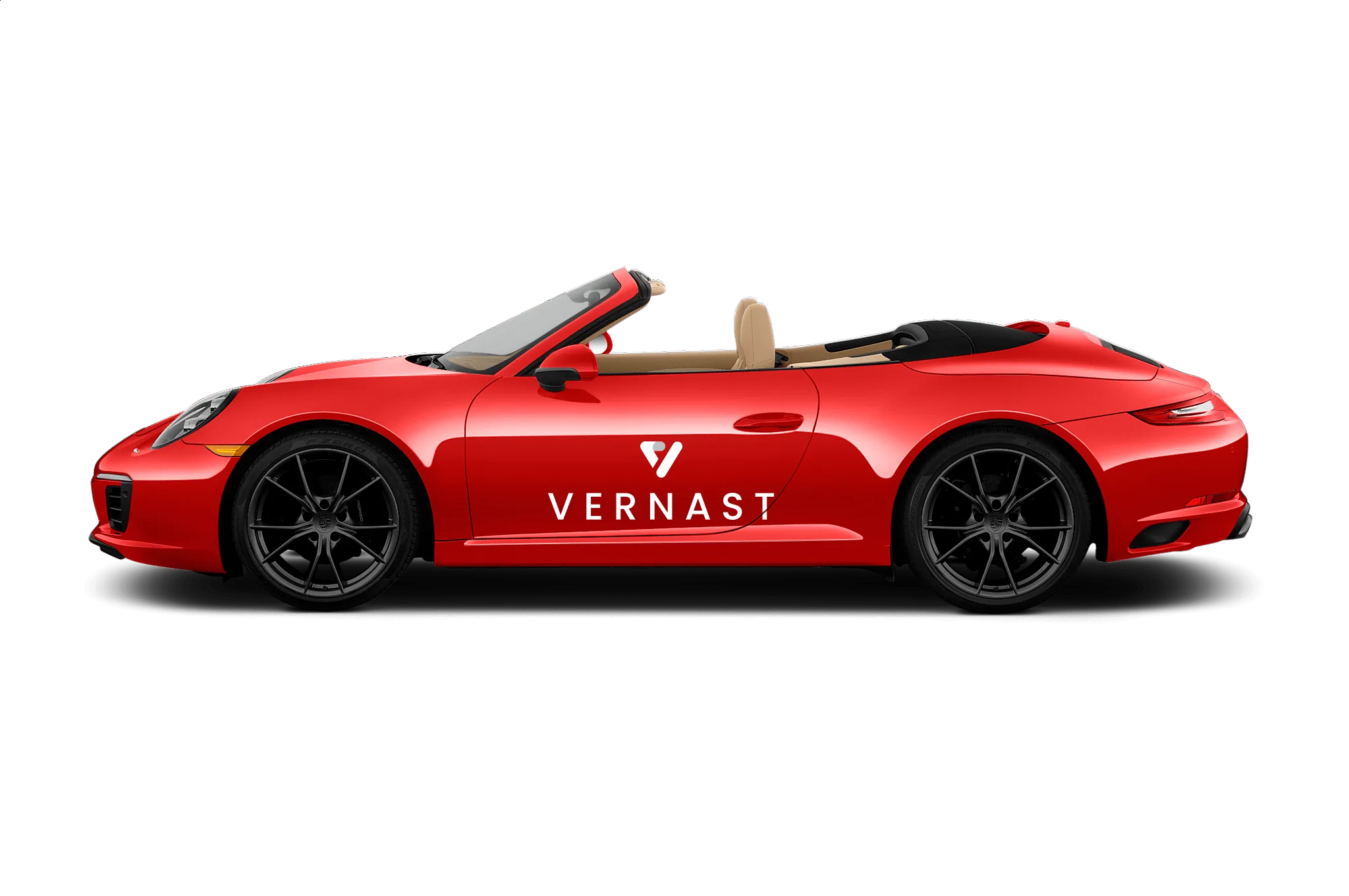 Rode sportwagen met het Vernast-logo op de deur