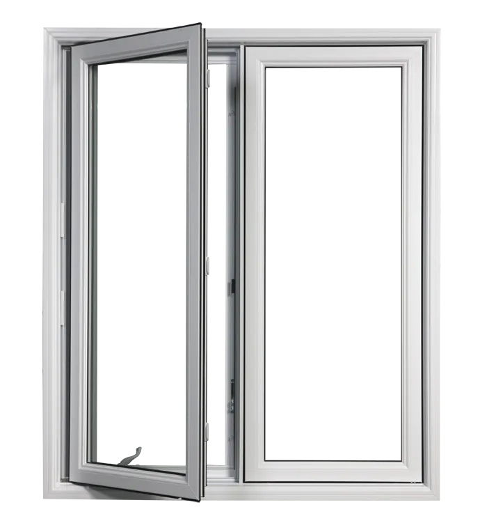 Wit draaikiepraam in pvc, half geopend