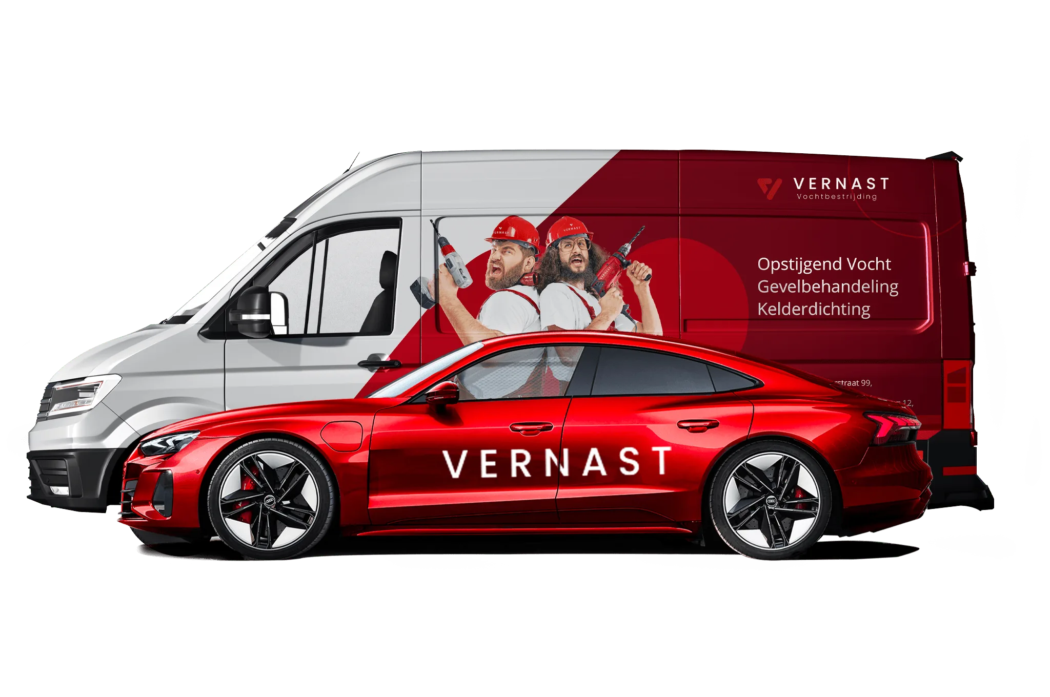 Rode Vernast-bestelwagen en personenwagen met twee zwaaiende schilders aan boord