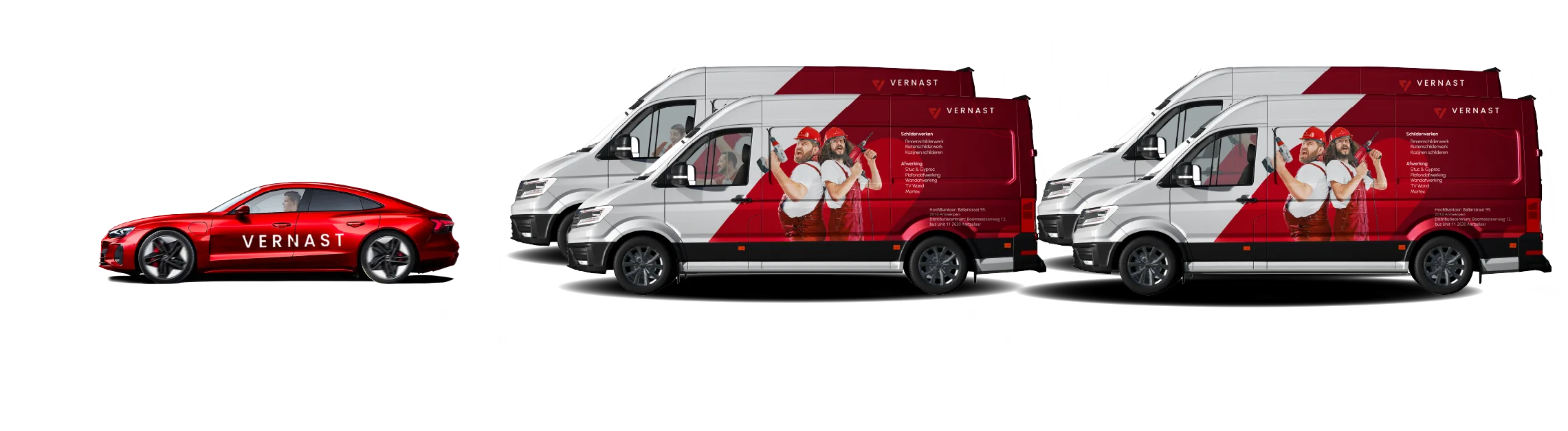 Wagenpark van Vernast Schilderwerken: rode personenwagen en twee bestelwagens met belettering
