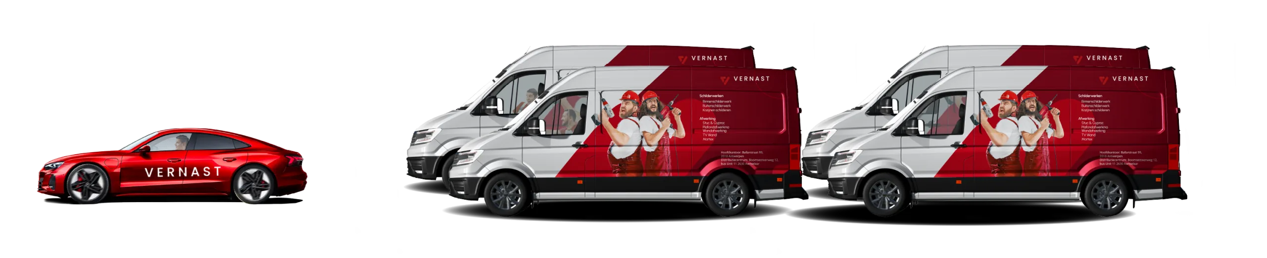 Wagenpark van Vernast Schilderwerken: rode personenwagen en twee bestelwagens met belettering