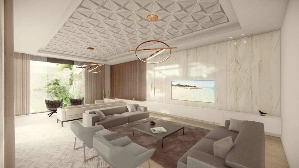 3D-ontwerp woonkamer met marmerwand, geometrisch plafond en warme neutrale tinten, project Salty Breeze