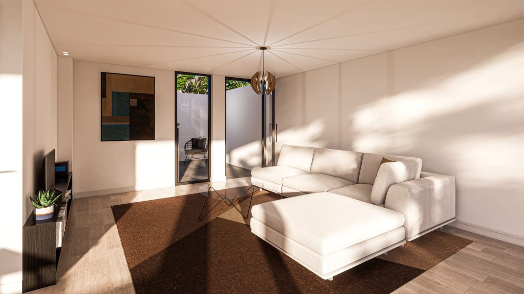 Nieuw 1 3D-ontwerp woonkamer met witte zetel en warme neutrale muren, project Racing Car Green