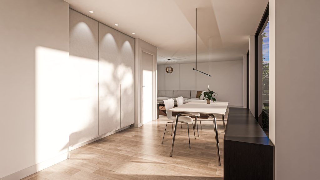 Nieuw 4 3D-ontwerp eetkamer met witte kastenwand en houten vloer, project Racing Car Green
