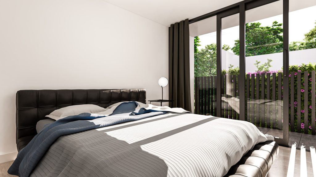Nieuw 5 3D-ontwerp slaapkamer met terrasdeur en bloeiende haag, project Racing Car Green