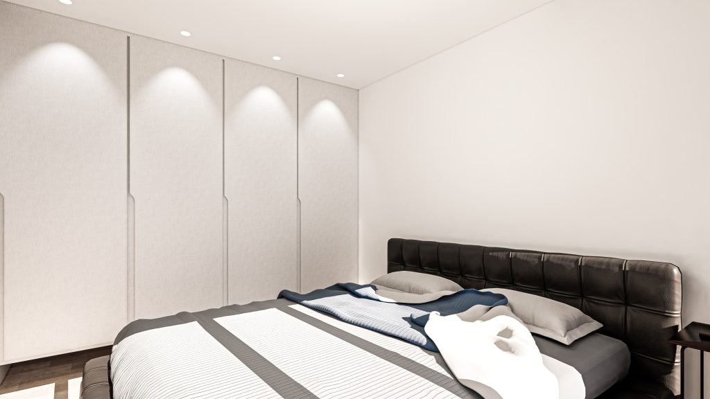 Nieuw 6 3D-ontwerp slaapkamer met witte kastenwand en donker bed, project Racing Car Green